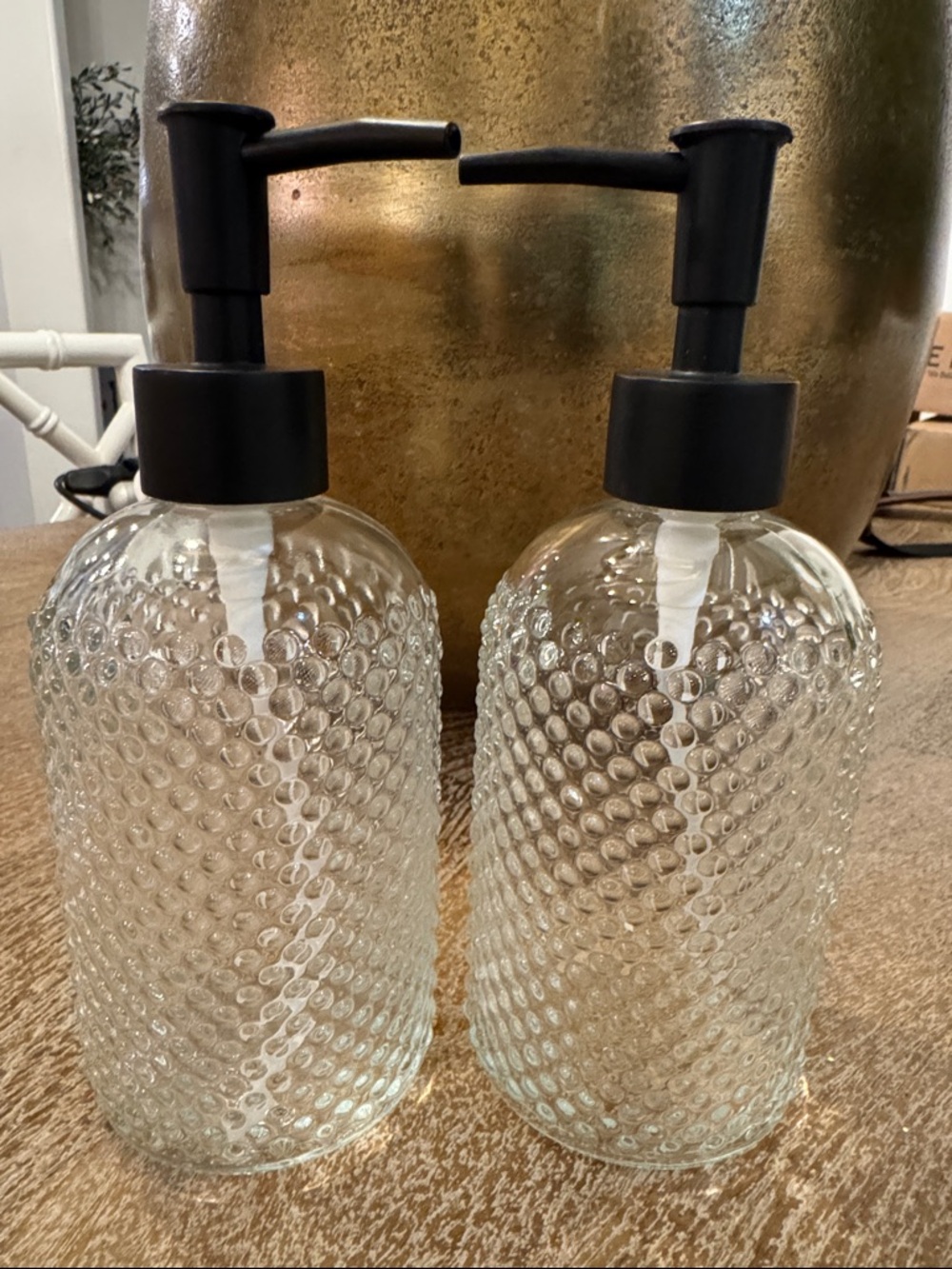 Textured Clear Glass Soap Dispenser Duo with Black Pumps